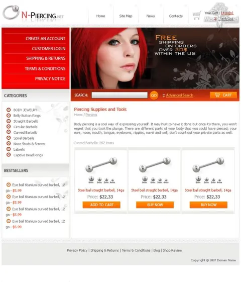Online shop selling piercing jewellery